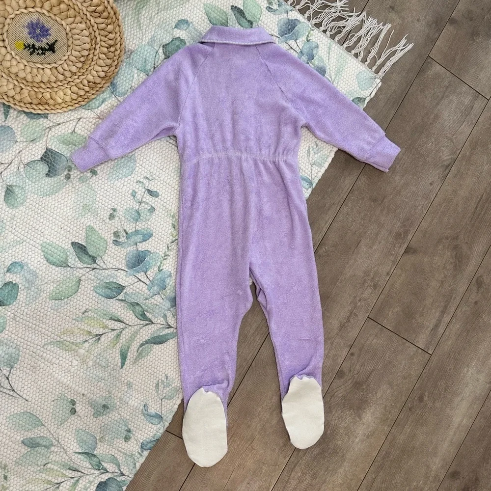 Vintage Disney Winnie Pooh Baby Girl Pajamas Lavender Button Footie Terry Cloth